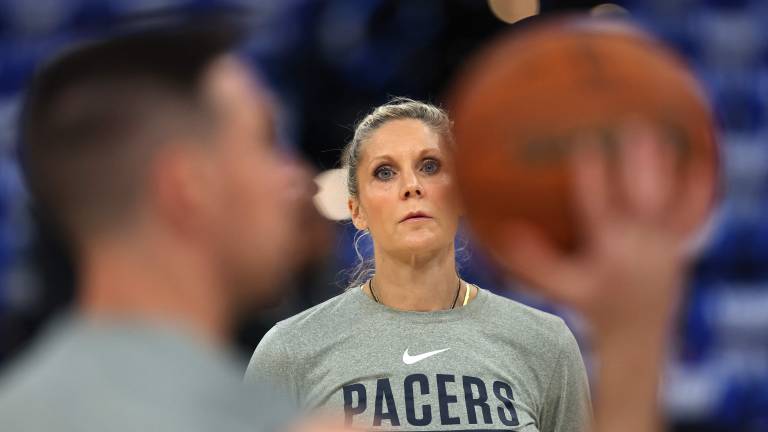 OKLAHOMA CITY, OKLAHOMA - JUNE 08: Assistant coach Jenny Boucek of the Indiana Pacers looks on prior to Game Two of the 2025 NBA Finals against the Oklahoma City Thunder at Paycom Center on June 08, 2025 in Oklahoma City, Oklahoma. NOTE TO USER: User expressly acknowledges and agrees that, by downloading and or using this photograph, User is consenting to the terms and conditions of the Getty Images License Agreement. Matthew Stockman/Getty Images/AFP (Photo by MATTHEW STOCKMAN / GETTY IMAGES NORTH AMERICA / Getty Images via AFP)