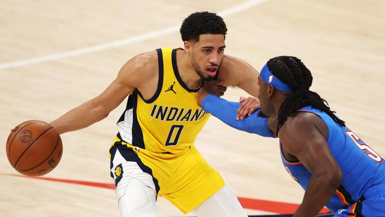 OKLAHOMA CITY, OKLAHOMA - JUNE 08: Tyrese Haliburton #0 of the Indiana Pacers is defended by Luguentz Dort #5 of the Oklahoma City Thunder during the second quarter in Game Two of the 2025 NBA Finals at Paycom Center on June 08, 2025 in Oklahoma City, Oklahoma.