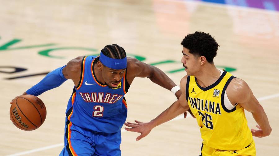 $![is defended by Ben Sheppard #26 of the Indiana Pacers during the fourth quarter in Game Two of the 2025 NBA]